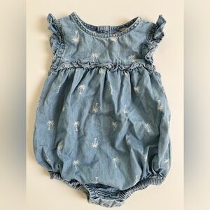 George Blue and White Palm Tree Denim Bubble Romper with Elasticized Details